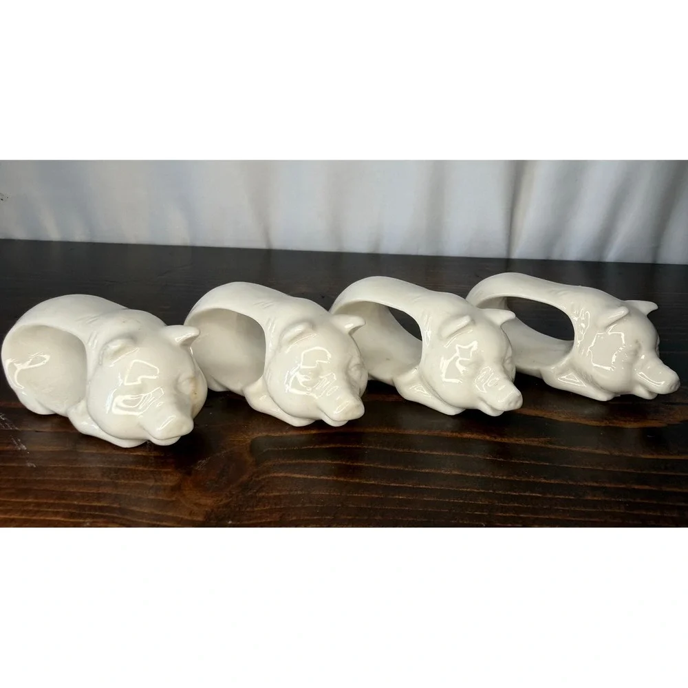 Vintage Shafford White Ceramic Pig Napkin Rings‎ Set of 4 Farmhouse Decor 2081